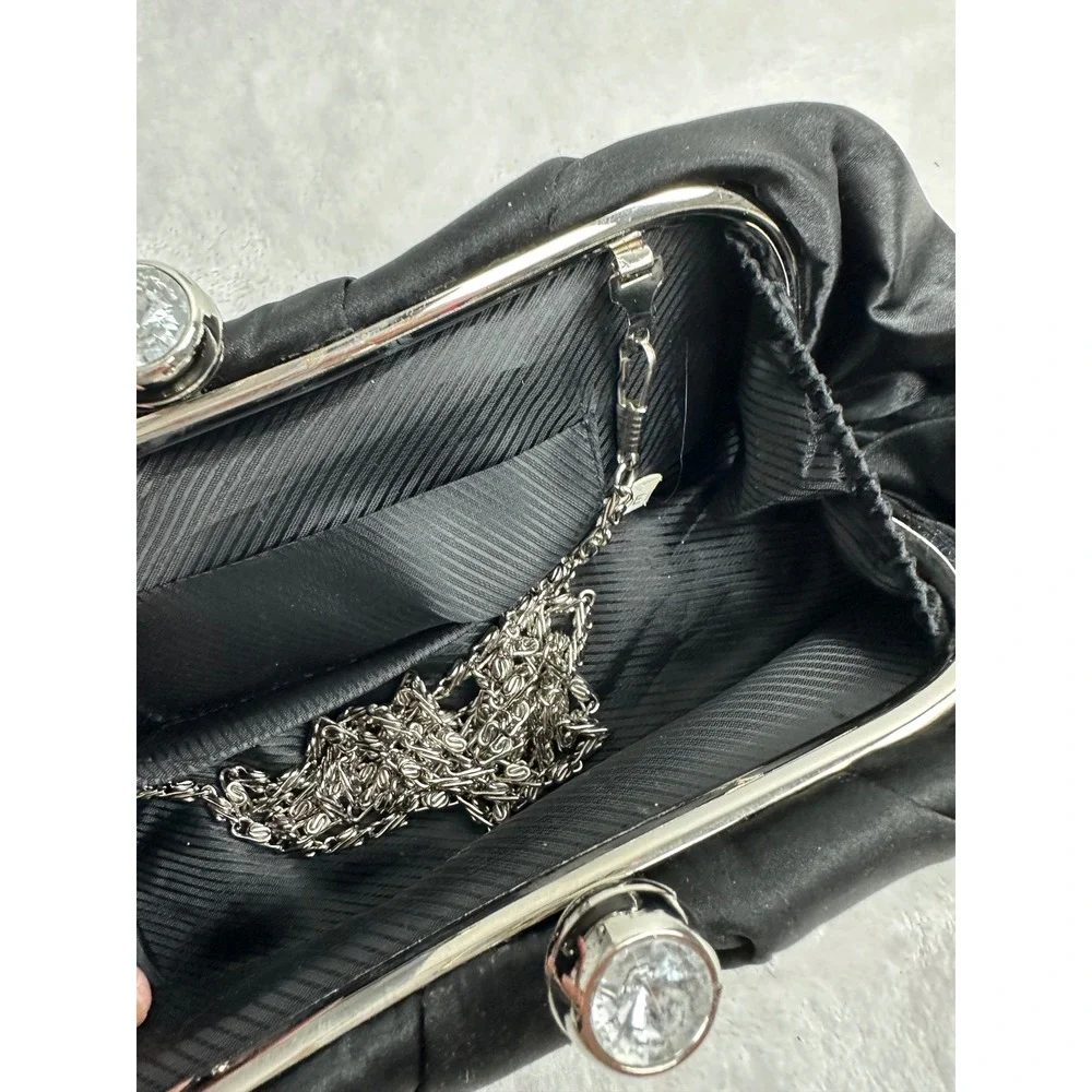 Unbranded Evening Clutch Women Small Black Satin Rhinestone Kiss Lock